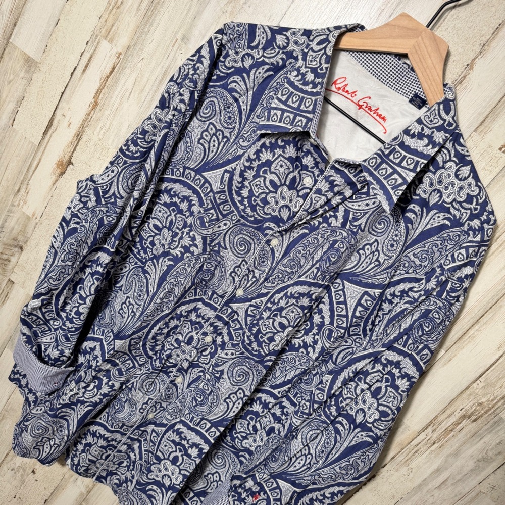 Robert Graham Luxe Paisley Blue Print Button Up Shirt Flip Cuff Silk Mens 3XL